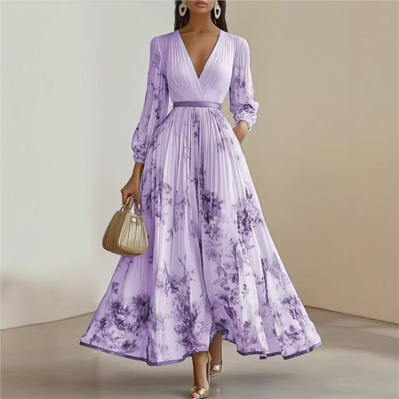 Robes longues plissées à imprimé floral pour femmes, style bohème, sexy, col en V profond, manches longues, drapées, décontractées, pour les vacances et les fêtes