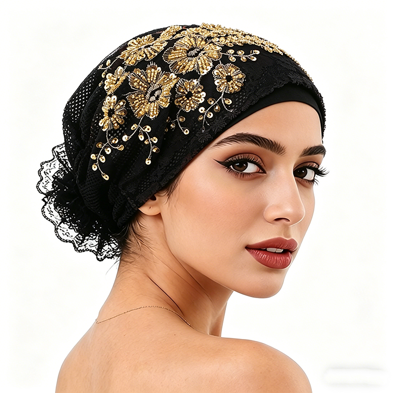 Nouveau Turban en dentelle florale brodée pour femme, Foulard musulman, Bonnets, Hijabs intérieurs prêts à porter