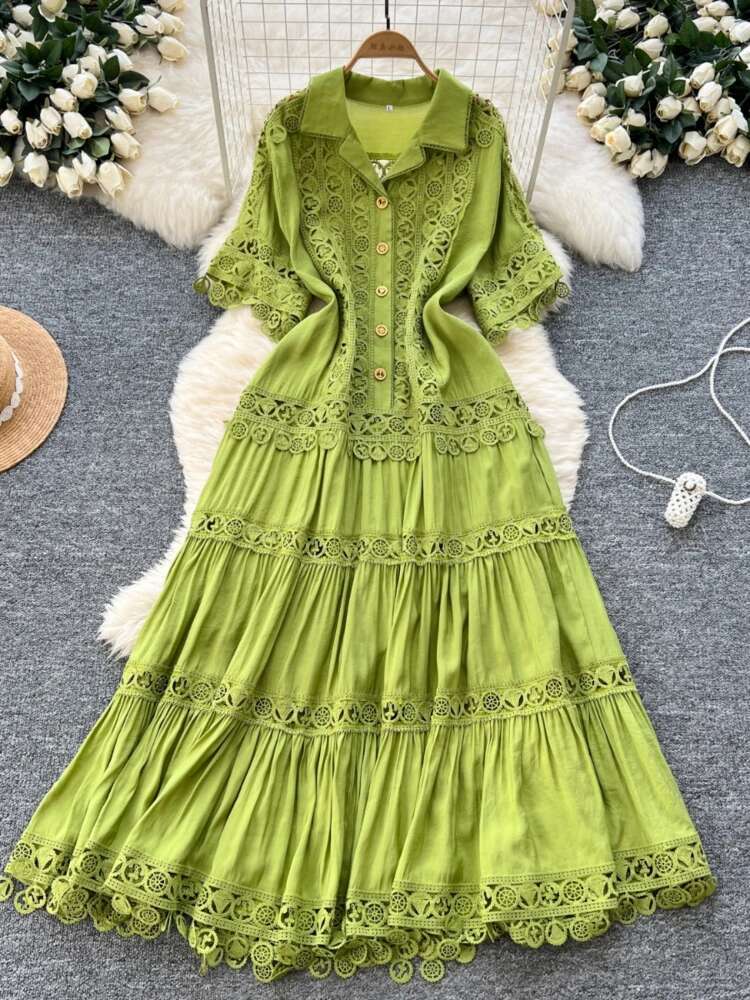 Printemps été Vintage Robe longue femmes dentelle creuse Patchwork à manches courtes revers élégant chemise robes dames de luxe longue Robe