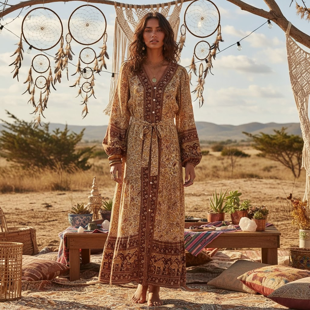 Boho Queens femmes élégant mode simple boutonnage imprimé fleuri boutonnage bohème Maxi Robe dame vacances plage Boho Robe Robe