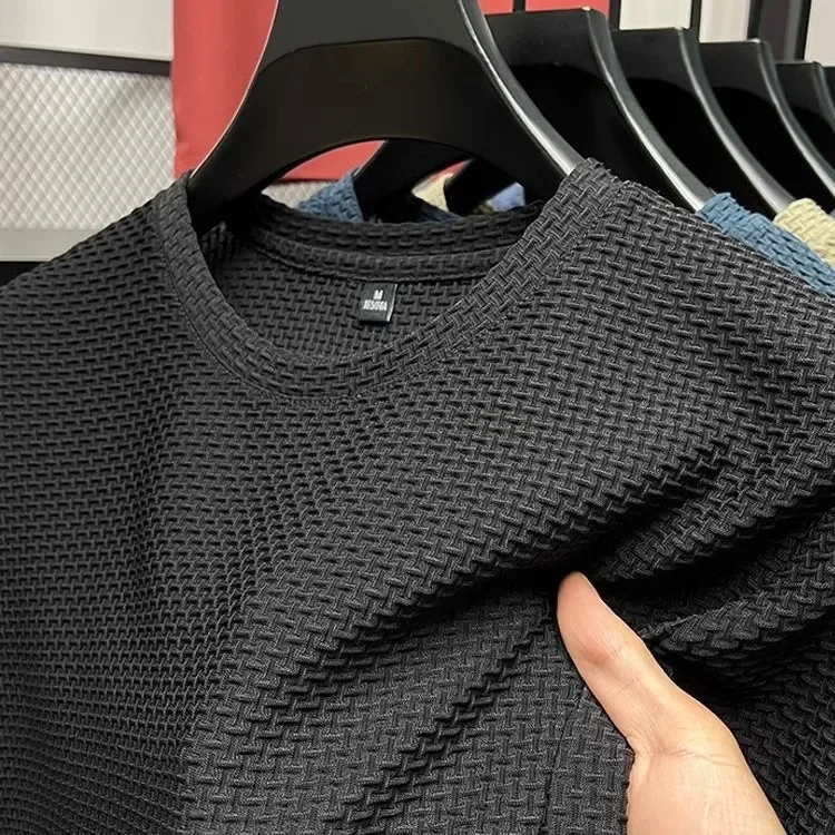 T-shirt d'été en soie glacée pour hommes, nouveau Style, maille élastique avec nœud en bambou, col rond, demi-manches, chemise de Base, respirant, confortable, court