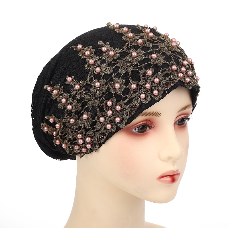 Casquette turban brodée de perles pour femmes, sous-écharpe musulmane
