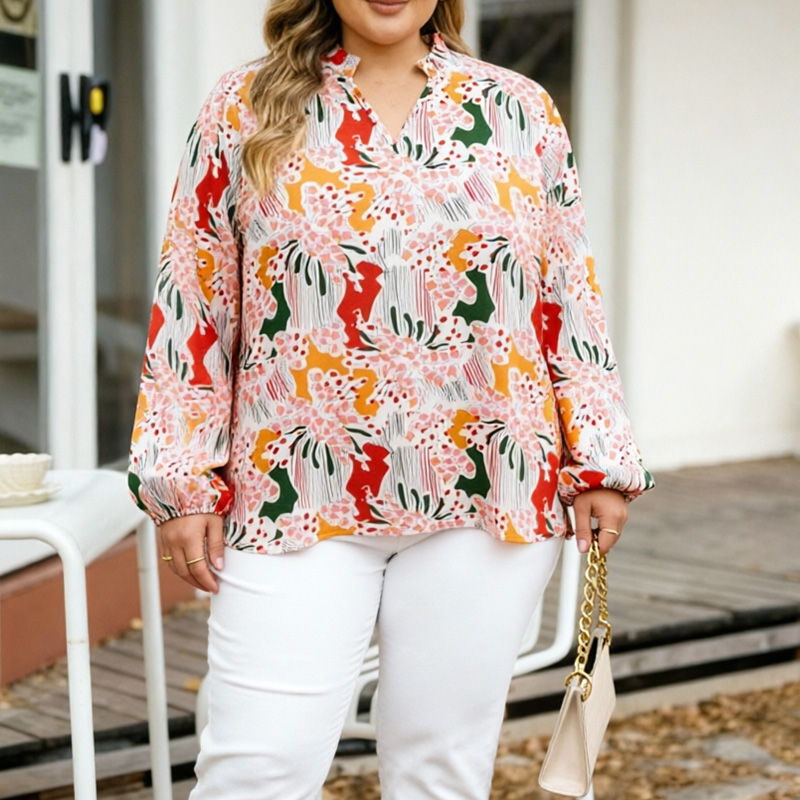 Chemise pour femmes grandes tailles, imprimé floral abstrait, col en V, haut à manches longues à volants, coupe ample, convient à un usage quotidien