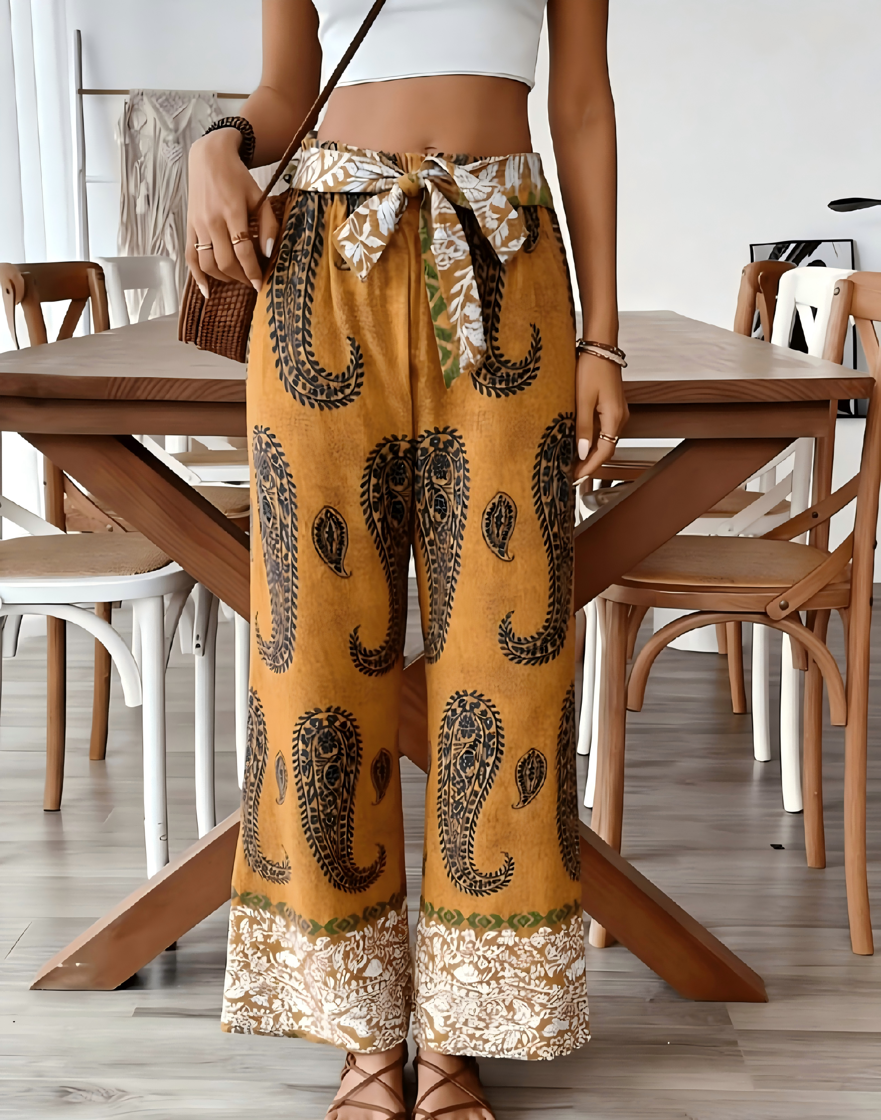 Pantalon large jaune moutarde à motif paisley, taille à nouer, style bohème, pantalon décontracté pour les vacances