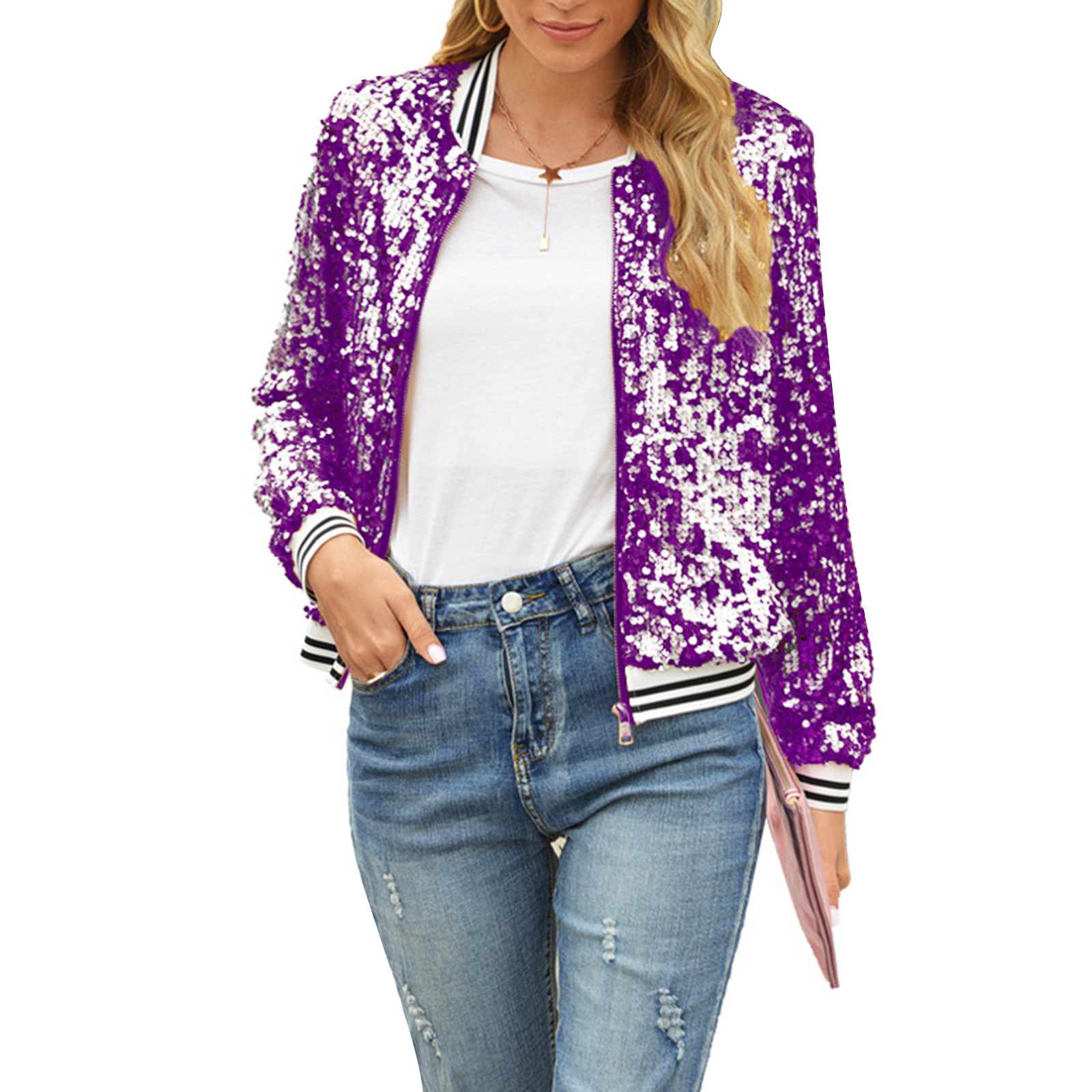 Veste zippée à paillettes brillantes pour femmes, cardigan léger à manches longues, streetwear décontracté, vêtements d'extérieur d'automne, nouvelle mode, 2024