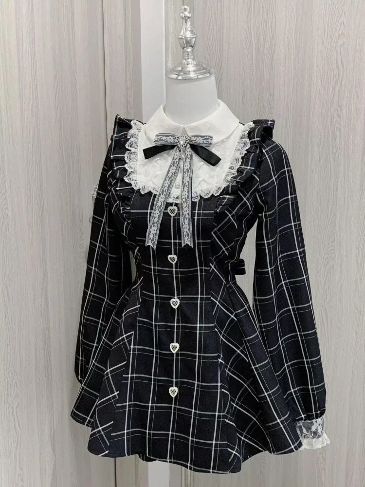Robe à carreaux en dentelle douce pour femmes, fée japonaise, Patchwork, Kawaii Grunge, à volants, manches longues, Y2k, esthétique JK Lolita