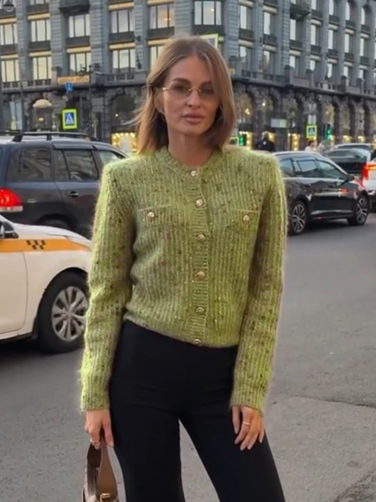 Cardigan en tricot pour femme, col rond, simple boutonnage, ourlet élastique, poches, manches longues, coupe courte, chic