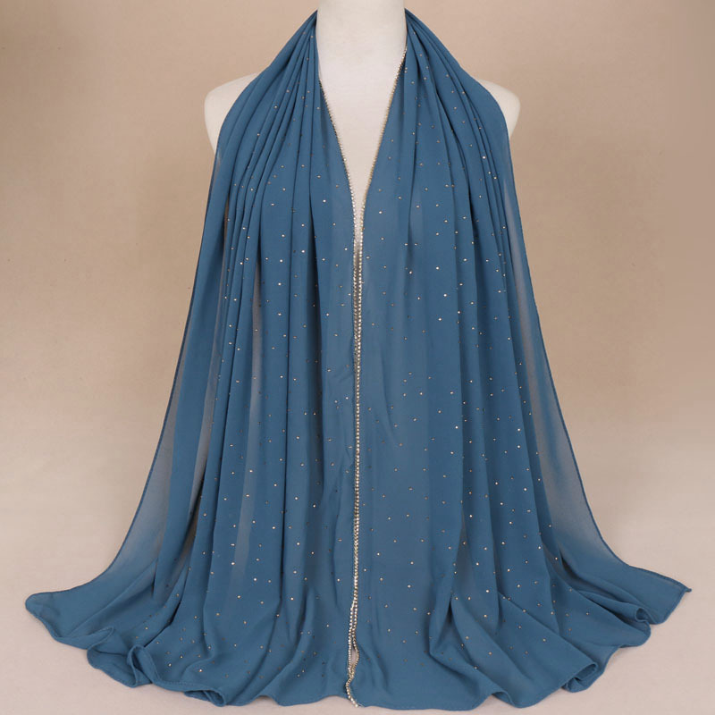 Écharpe hijab longue en mousseline pour femme, couleur unie avec chaîne de perles et décorations entièrement en strass, qualité supérieure