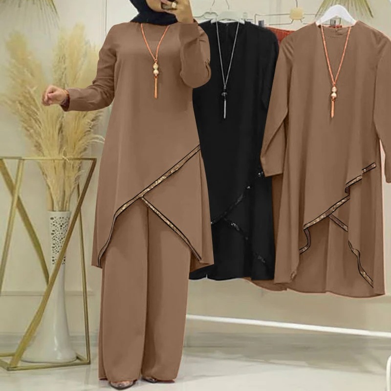 Ensemble deux pièces musulman pour femmes, chemise à manches longues, chemise à col rond, pantalon à jambes larges, décontracté, luxe, printemps et automne