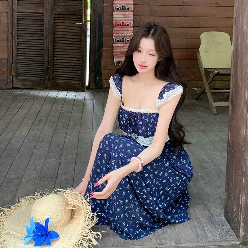 Robe d'été sans manches pour femme, bleue, à fleurs, avec dentelle, style français, romantique, robe maxi de vacances, ourlet à volants, vintage, bohème chic