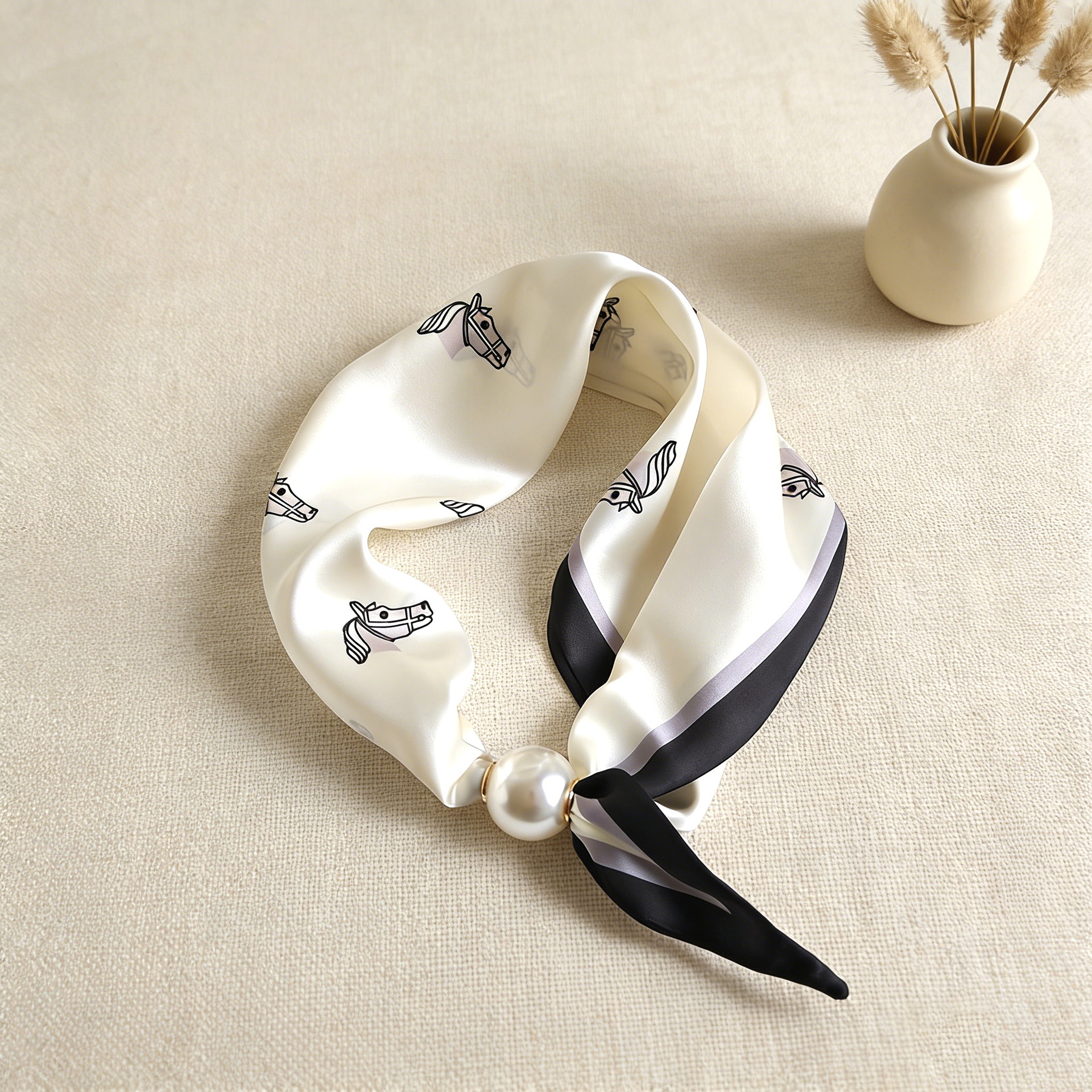 Foulard en soie imprimé, écharpe de cou perlée, collier chaîne paresseuse, boucle magnétique fine pour clavicule, ruban de foulard, accessoires de luxe pour femme