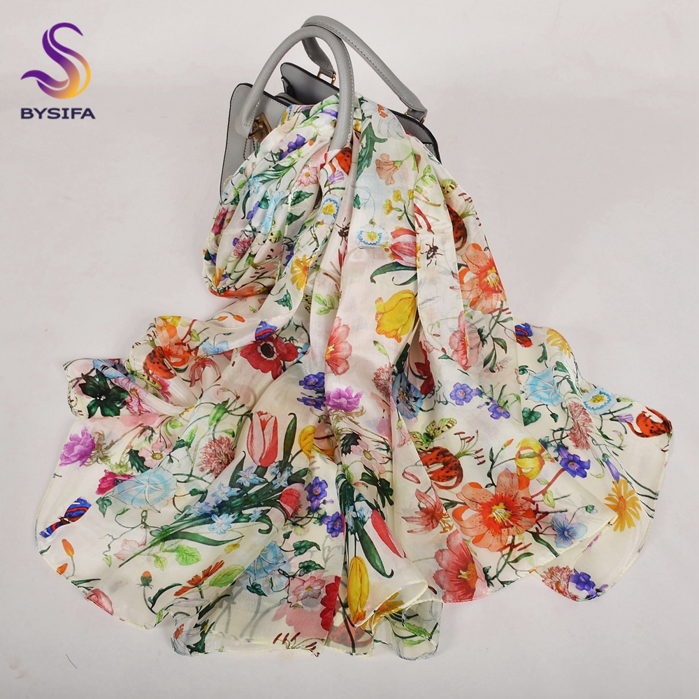BYSIFA |   Blanc 100% mûrier soie écharpe châle femmes nouveau Design Floral été longue plage châle de luxe dames cou foulards Hijabs