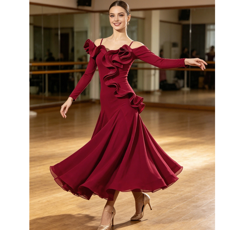 Nouvelle Robe de Danse Moderne pour Femme, Col en Dentelle Feuille de Lotus, Manches Longues Amincissantes, Robe Longue Évasée à Baleines pour la Danse Sociale