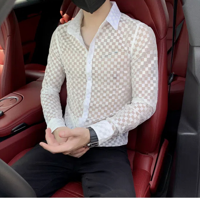Printemps automne nouvelle mode Plaid un col pointu vêtements pour hommes chemises à manches longues bouton évider mince coréen Chaopai Blouse