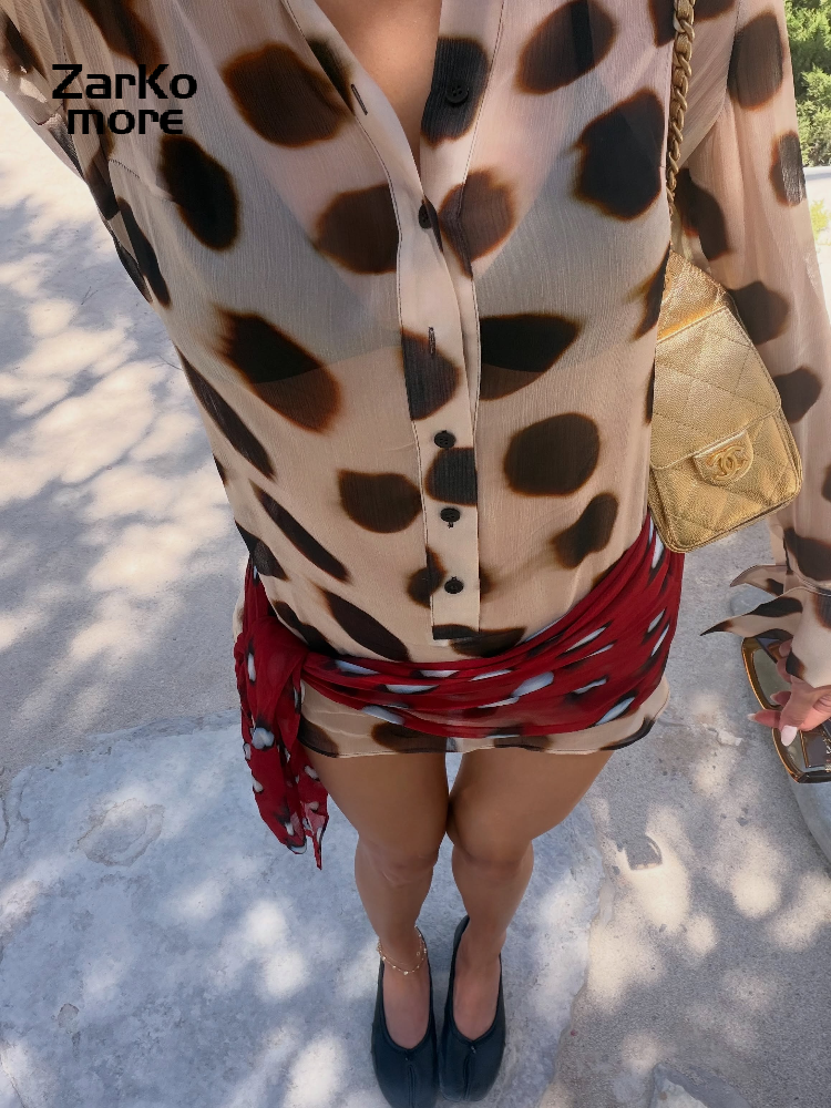 Ensemble 2 pièces pour femme : Robe chemise courte imprimée à manches longues et col à revers, avec foulard à lacets, style 2026