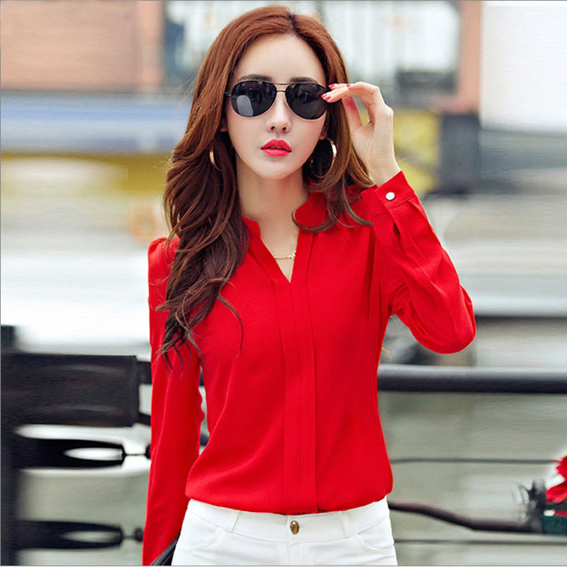 Chemise à manches longues femmes automne vêtements mode mince chemisier en mousseline de soie col en V coréen élégant dames chemises de bureau blanc rouge DF2324