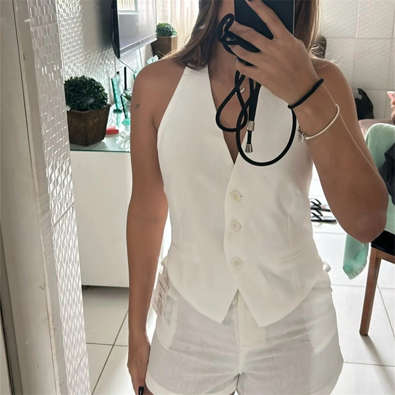 MUJER épaules dénudées gilet sans manches femmes noir blanc recadrée gilet femme mode dos nu col en V manteaux courts gilet d'été
