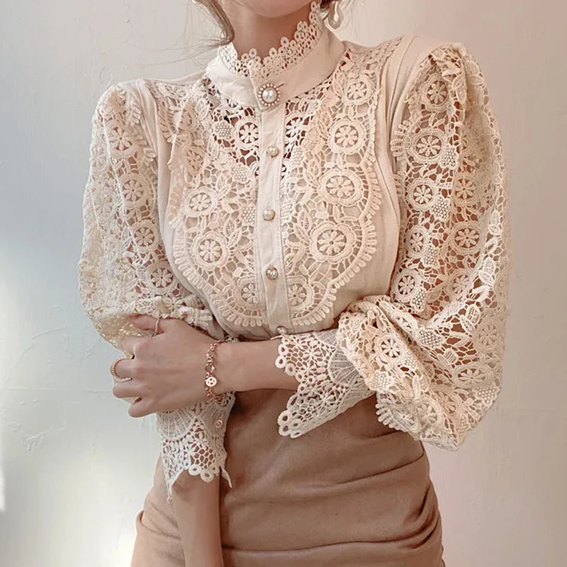 Chemisier Chic à manches longues et col haut pour femmes, haut élégant à manches creuses à panneaux en dentelle, tenues de bureau Vintage à la mode pour dames, nouvelle collection