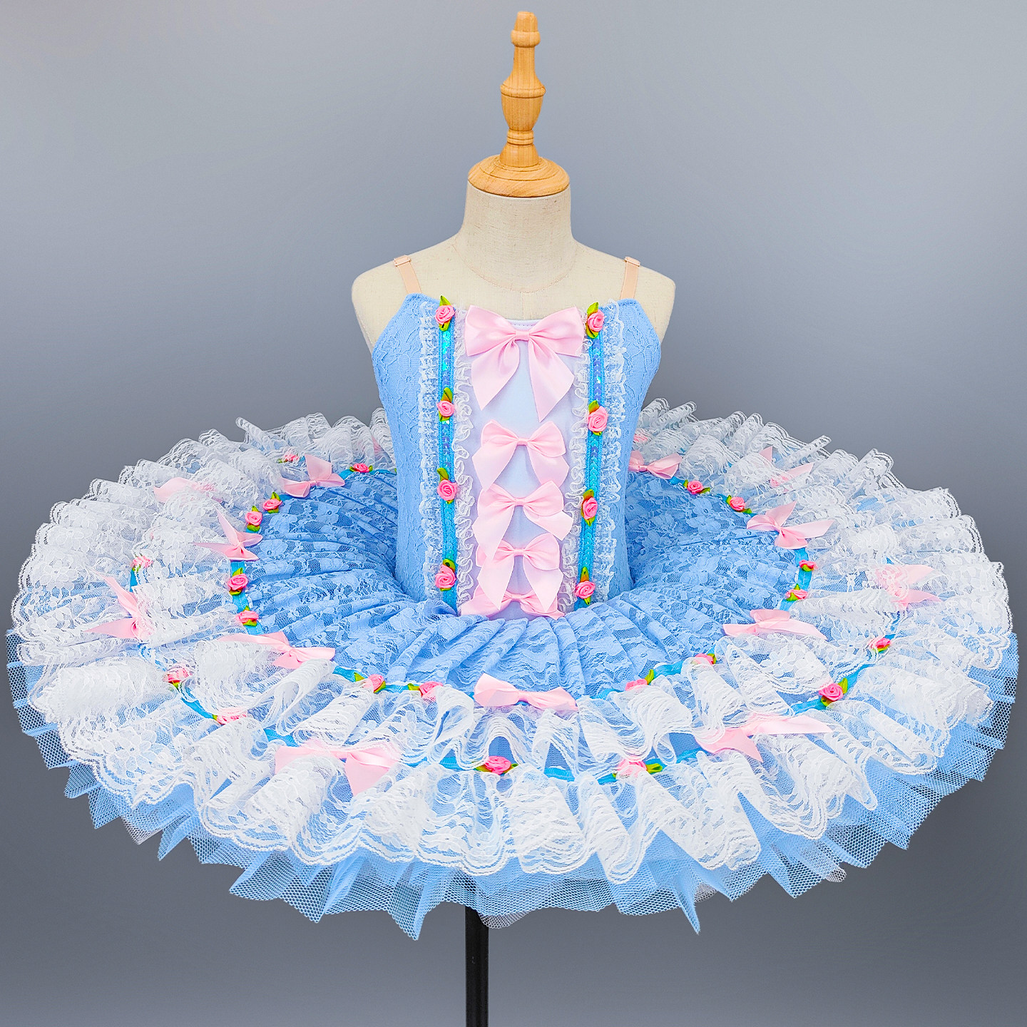 Robe de tutu de ballet à manches longues en dentelle bleue pour filles, costume de ballerine rose à nœud floral pour enfants, robe de scène pour spectacle ou fête
