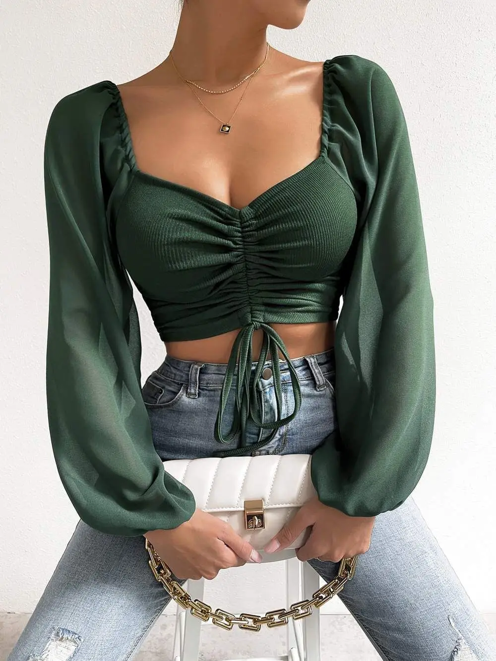 Grande taille haut pour femme cordon avant manches transparentes T-Shirt court col plongeant manches longues tricot côtelé chemisier froncé printemps été