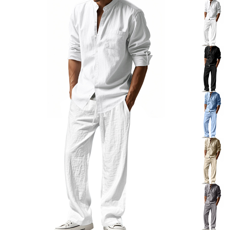 Survêtement 2025 saisons lin hommes décontracté ample respirant à manches longues pantalon chemise plage ensemble en Stock vêtements masculins grande taille