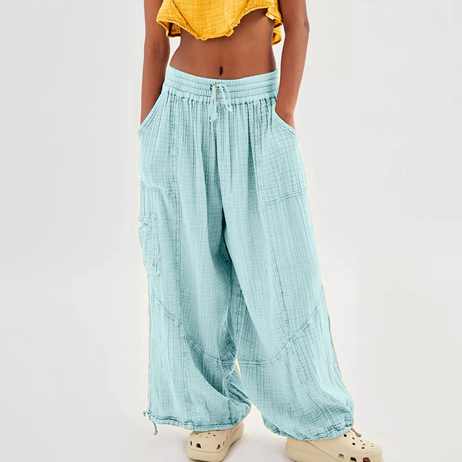 Pantalon de Plage en Lin pour Femme, Sarouel à Jambes Larges, Taille Haute, lèvent de Proximité, Wstring, Grande Taille avec Poche