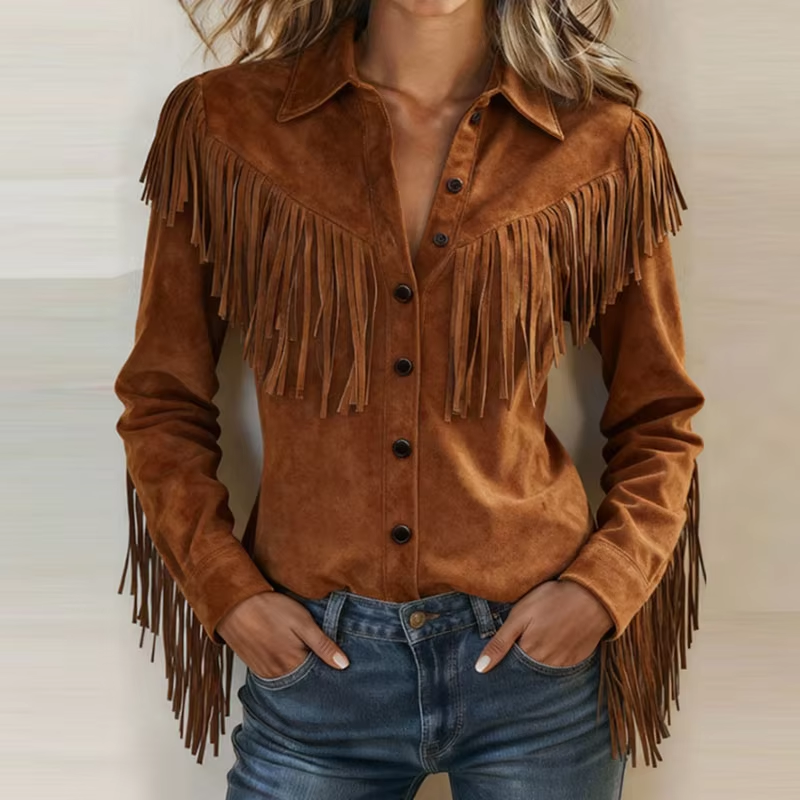 Veste Courte Femme à Col Chemise et Pompons, Manches Longues, Style Western Rétro, Simple Boutonnage, Printemps Automne, Streetwear