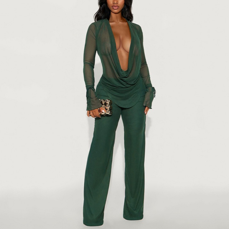 Ensemble de vêtements pour femmes, chemisier en mousseline de soie sexy à col en V et pantalon, manches longues, pantalon décontracté élégant, ensemble 2 pièces pour l'été