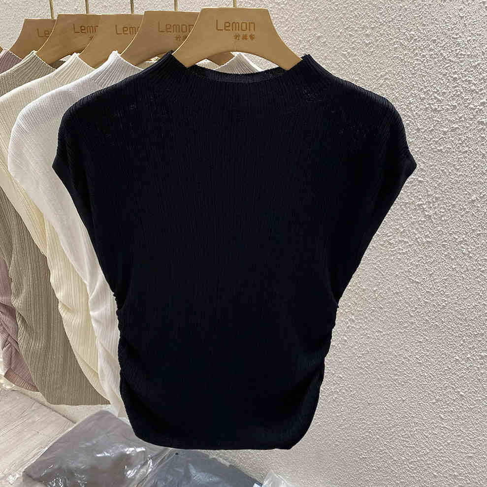 T-shirt en maille de soie glacée Printemps-Été 2026, col semi-montant, effet amincissant, design unique, coupe ajustée, manches courtes, hauts intérieurs