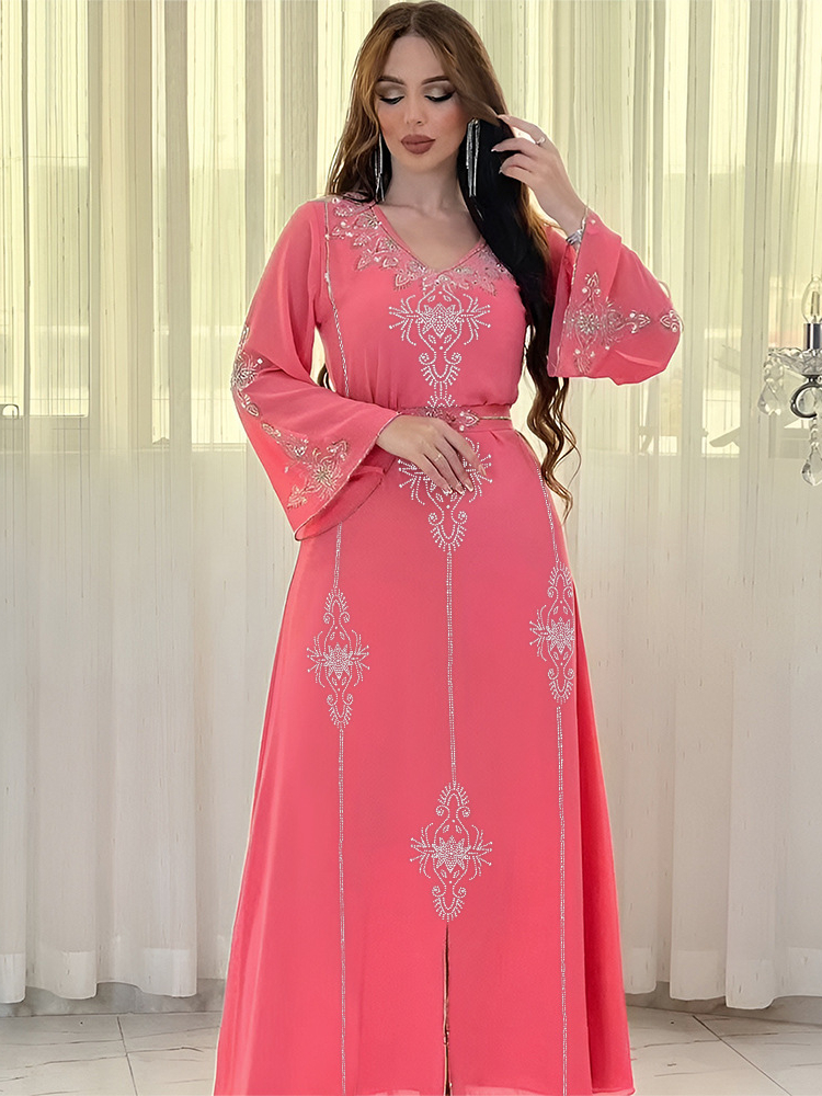 Eid Jalabiya-Robe de soirée musulmane pour femme, abayas arabes à lacets en diamant, robes longues, robe élégante, robe éducative pour le Ramadan