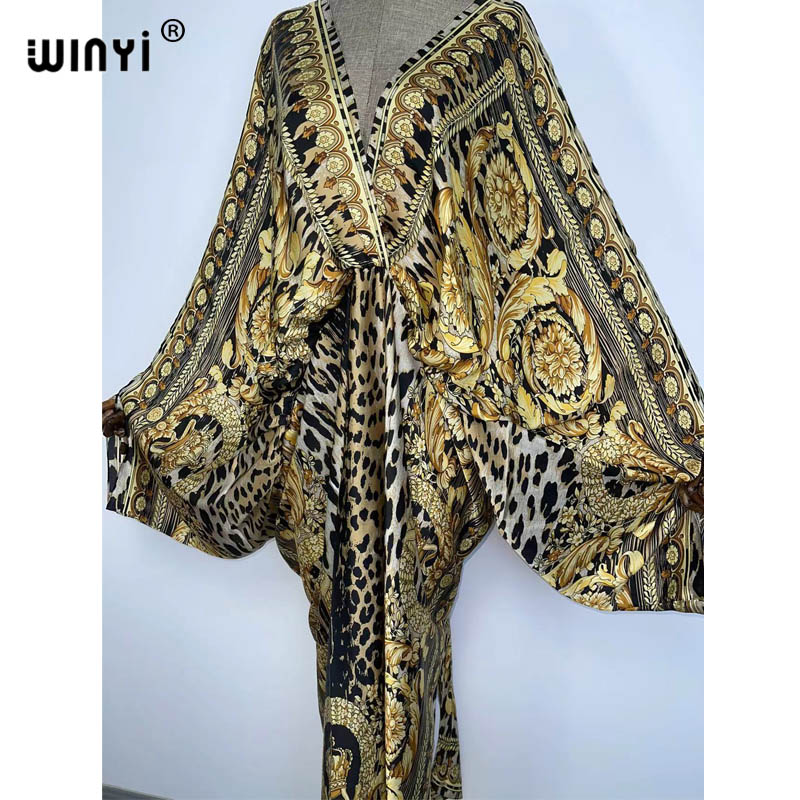 Kaftan de plage sexy, caftan en soie et rayonne, imprimé tendance 2021 WINYI, robes longues pour femmes, robe bohème à col en V.