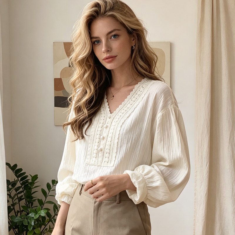 Chemise d'été ample à manches longues pour femme, chemisier élégant blanc pour femme de bureau, haut décontracté à col en V et manches lanternes, chemises pour femme