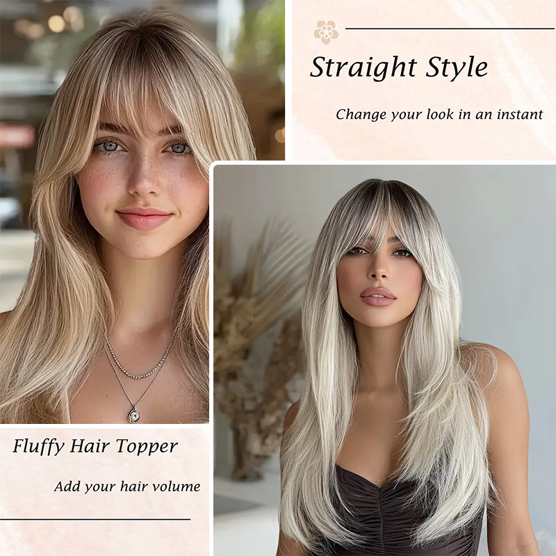 Topper pour cheveux pour femme avec frange : 3D 360 °   Morceau de cheveux synthétiques longs et lisses à couverture moelleuse pour cheveux amincissants, doré avec foncé