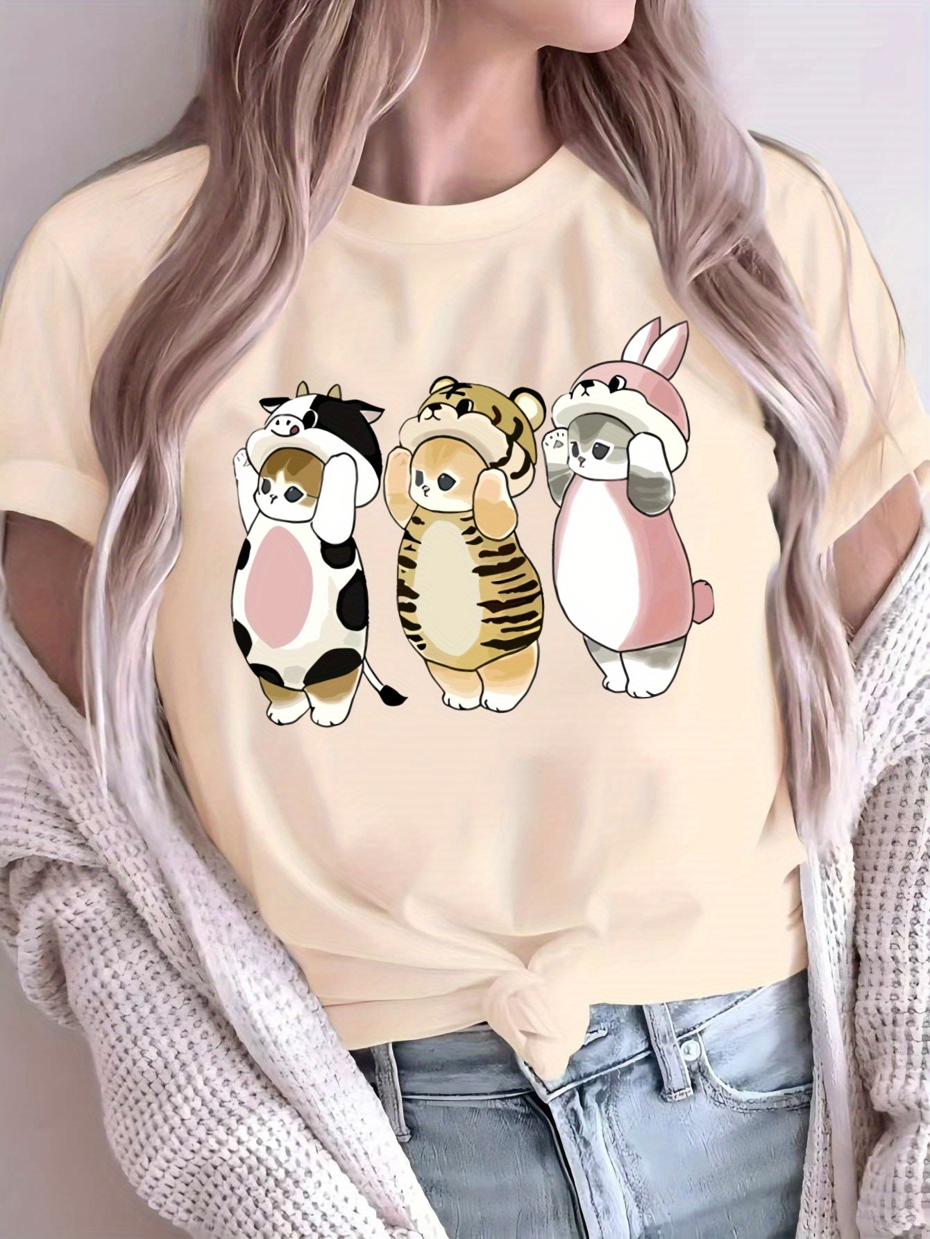 T-shirt à manches courtes imprimé animal de dessin animé mignon pour femme Design décontracté et sportif pour avec un adorable graphique chat chien lapin et ours