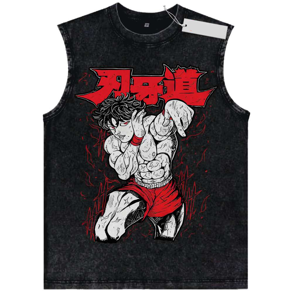 Japon Anime hanma baki débardeurs homme chemise sans manches Vintage lavé gilet été Y2k vêtements décontracté Harajuku Streetwear t-shirt