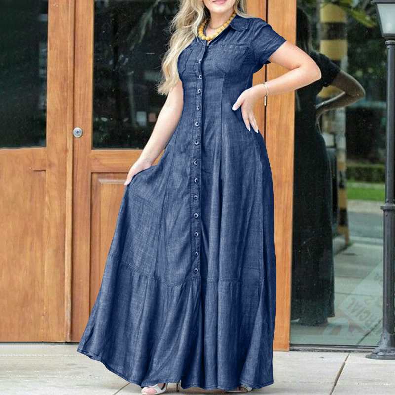 Robe trapèze en denim taille haute pour femme avec ourlet à volants, poches plaquées, robe longue élégante pour femme, tenue décontractée ou formelle