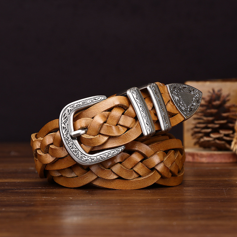 Ceinture tissée en cuir de vache pour hommes, nouvelle couche supérieure de 3.2cm, niche de personnalité rétro, ceinture décontractée