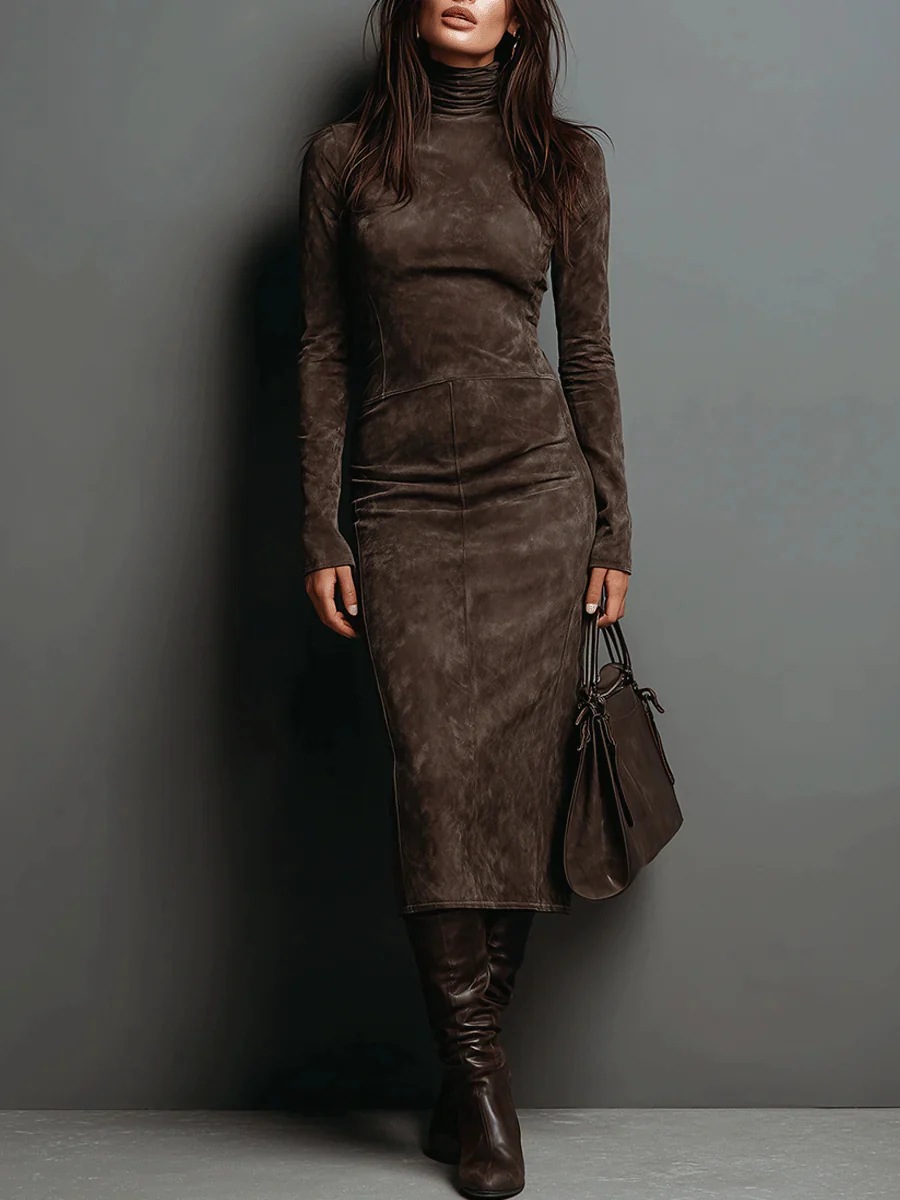 Robe pour femme élégante et ajustée, style rétro américain, manches longues, col roulé, en daim, vintage, unie, automne-printemps, longueur midi
