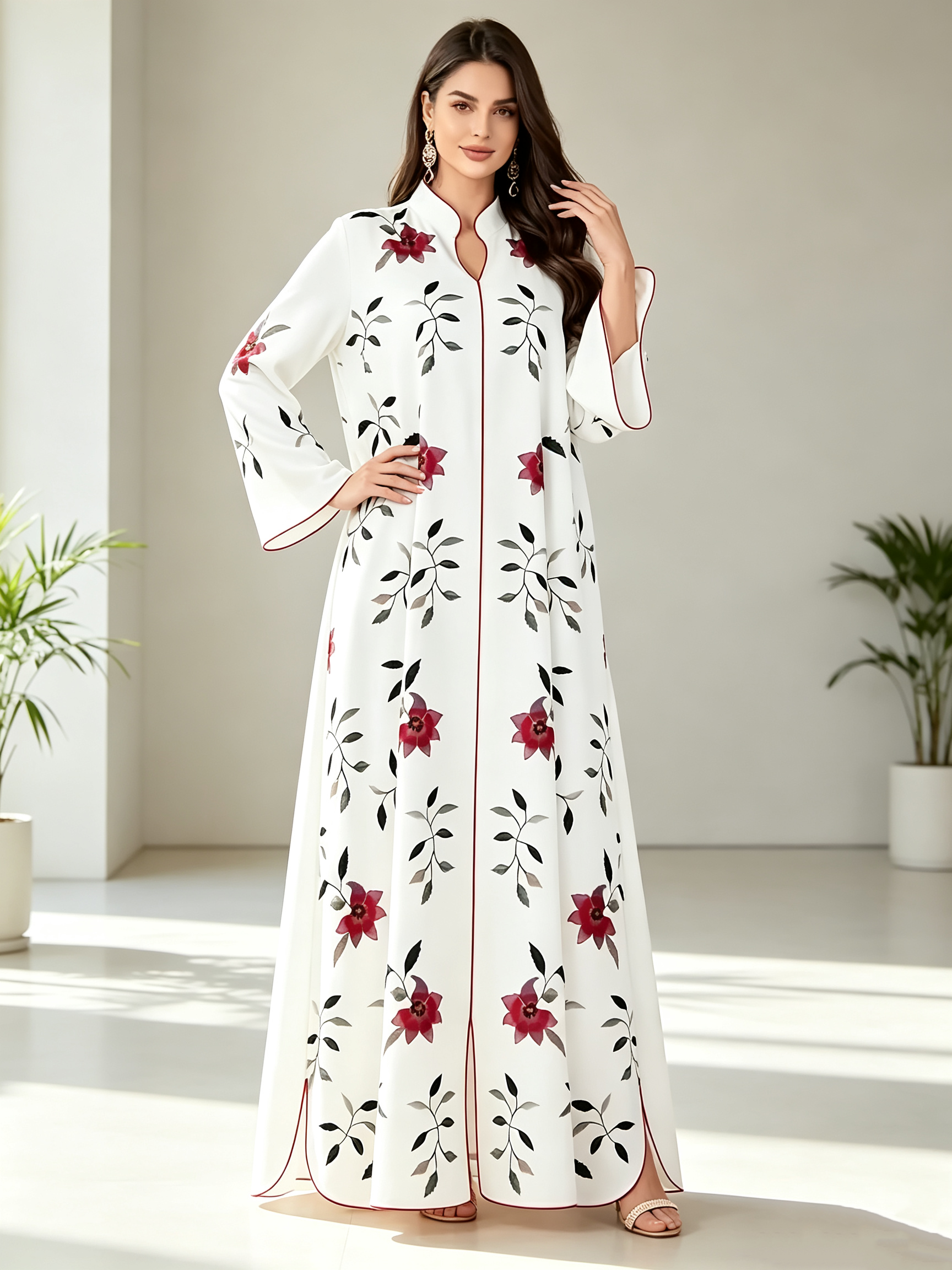 Robe élégante à col en V et manches longues pour femme, imprimé musulman, coupe ample trapèze avec ourlet fendu, idéale pour le Ramadan et les occasions de l'Aïd