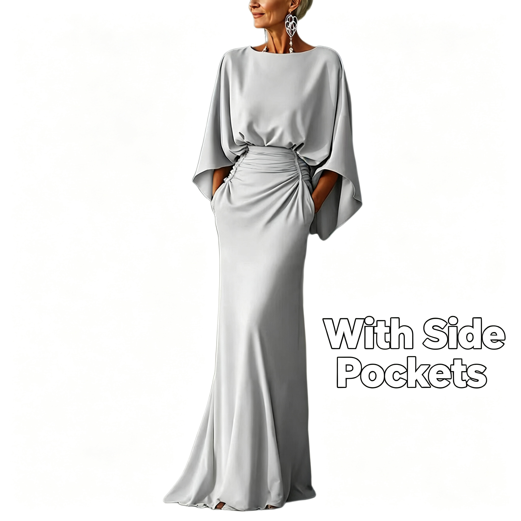 Robe de soirée élégante à manches chauve-souris, dos nu, taille froncée, coupe sirène, longue, formelle, pour invitées de mariage, soirée ou bal de promo, avec poches