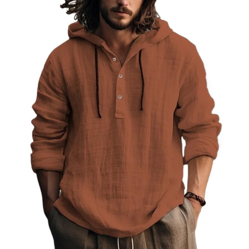 T-shirt à capuche décontracté en coton et lin pour hommes, chemisier à manches longues, vacances, plage, printemps, tunique unie, chemise ample à capuche