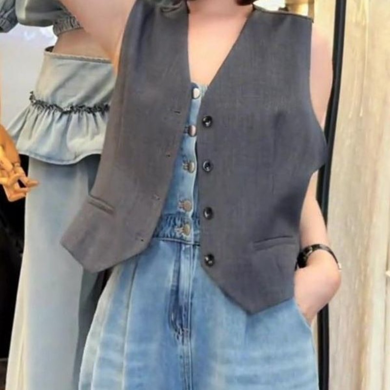 Gilet sans manches gris simple et tendance pour femme, style Y2K, col en V, boutonnage simple, hauts Mujer, nouvelle collection été 2026, vestes amples