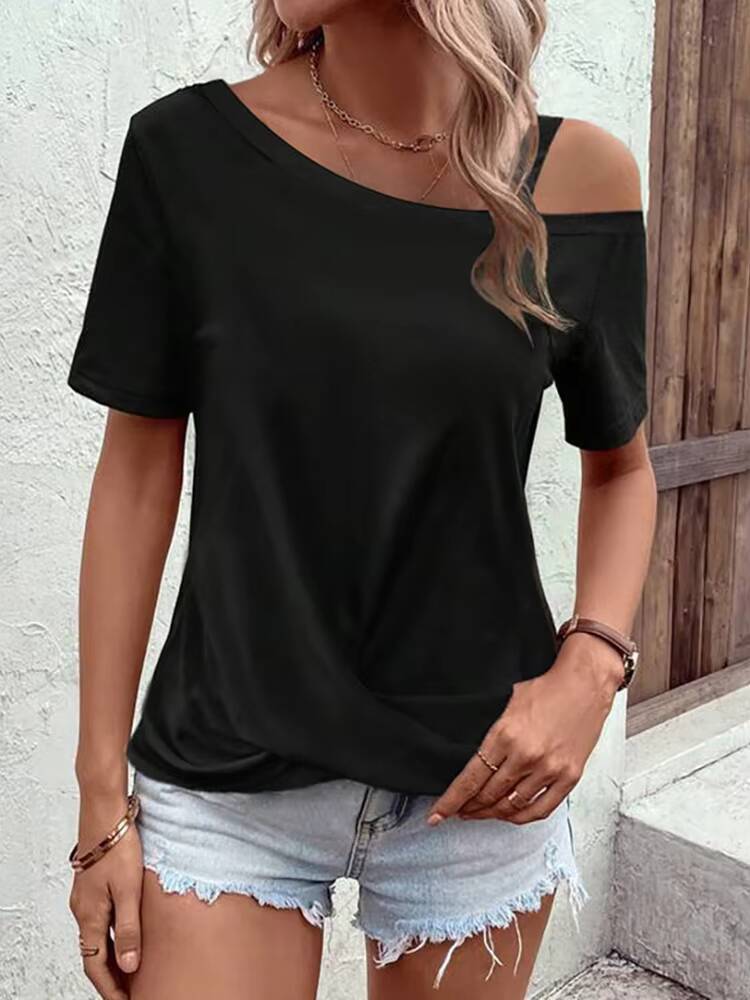 T-shirt femme noir printemps-été à une épaule, manches courtes, ourlet torsadé, coupe ample, élégant et stylé, pour le quotidien et la mode décontractée