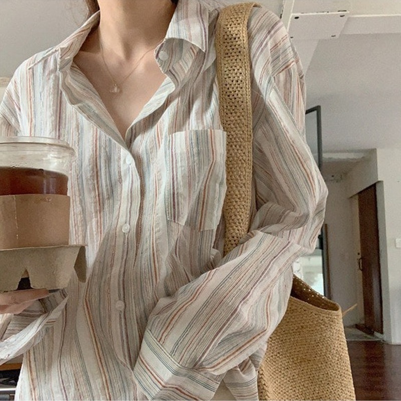 Chemises amples décontractées pour femmes, chemise de protection solaire rayée avec poche et boutons, vêtements, nouvelle mode printemps 2025 781