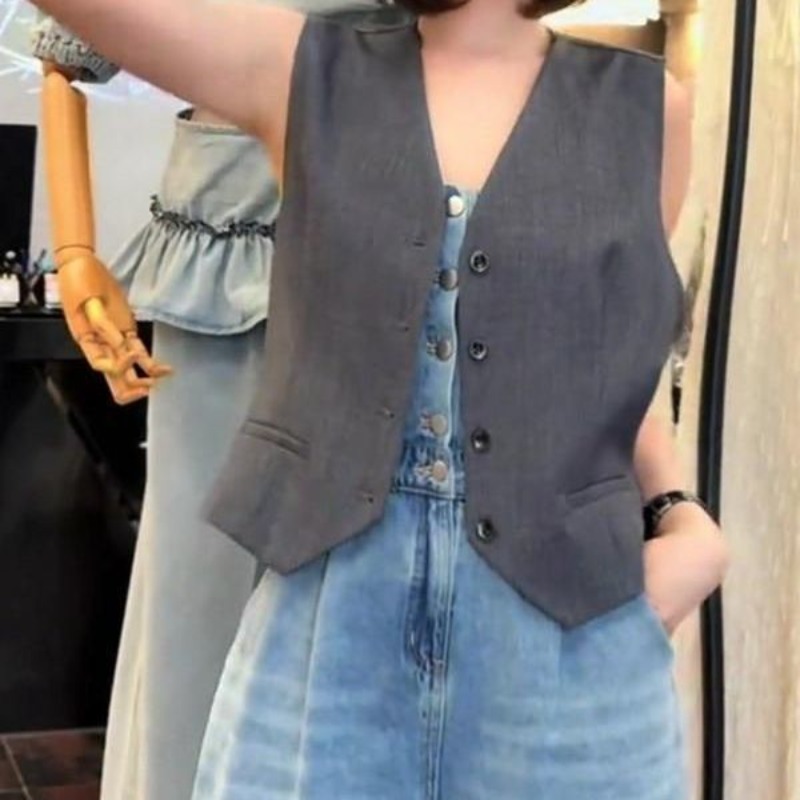 Gilet sans manches gris simple et tendance pour femme, style Y2K, col en V, boutonnage simple, hauts Mujer, nouvelle collection été 2026, vestes amples