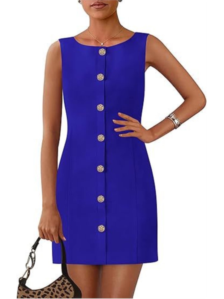 Robe de bureau élégante pour femmes, couleur unie, col rond, sans manches, boutons, Mini robes décontractées, vêtements d'été pour femmes, nouvelle collection