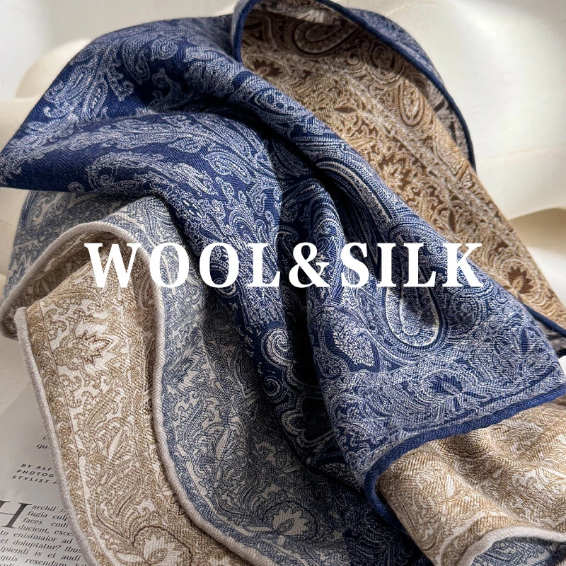 30% soie 70% laine écharpe femmes hiver bandeau élégant ethnique Vintage bleu Paisley imprimé carré écharpe châle Hijab