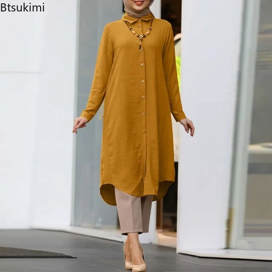 2026 saoudien arabe femmes musulmanes à manches longues Blouse décontracté chemise ample robe tunique Blusas femmes hauts maroc turc solide Chemise