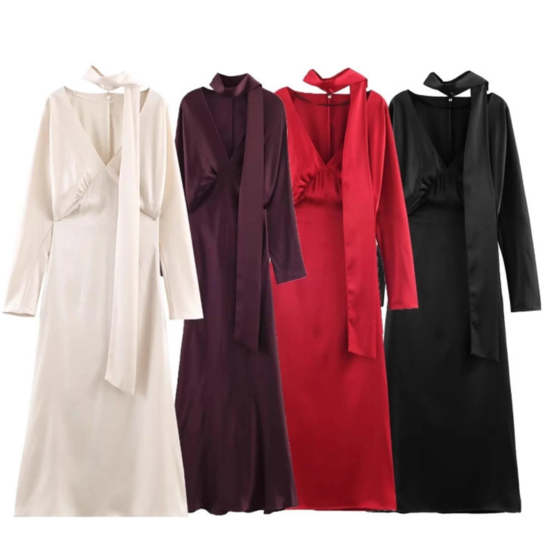 Nouvelle Robe Longue Chic et Élégante pour Femme 2026 – Col V, Manches Longues, Coupe Slim, Idéale Soirées et Clubs – Collection Printemps