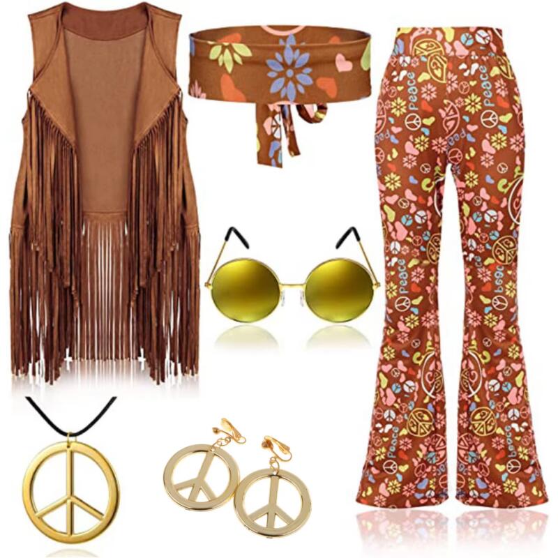 Costume pour femmes des années 60 et 70, tenue disco hippie, veste à franges, pantalon bohème, ensemble d'accessoires pour adultes, Halloween, Mardi Gras, carnaval